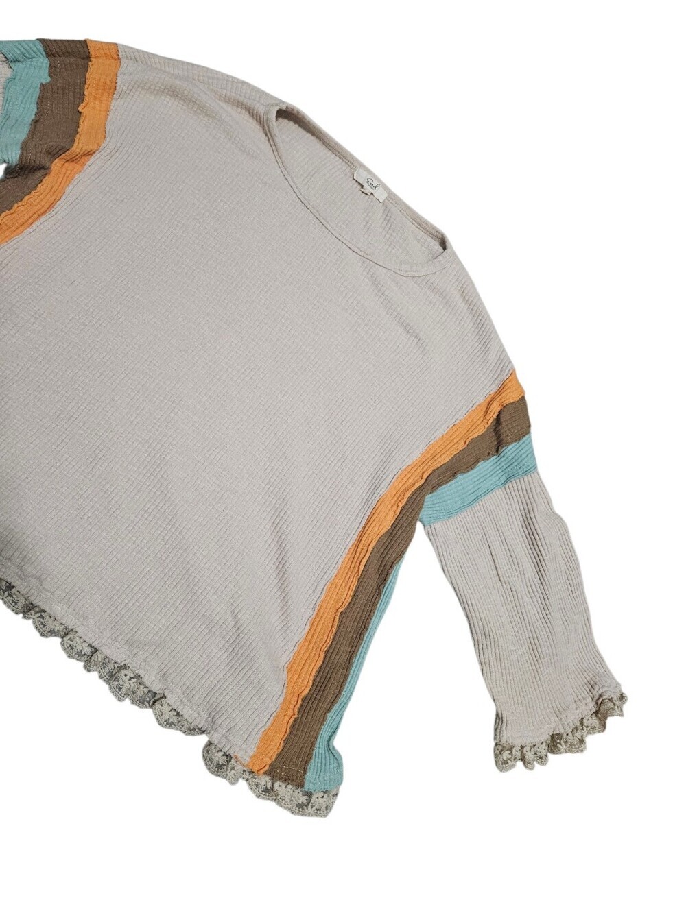 Easel Cream Ribbed Knit Colorblock Boho Top - Picture 3 of 8